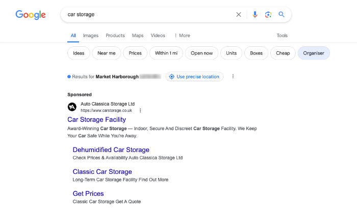 Google Ads - Search Advertising Versus Display Advertising - Search ad example