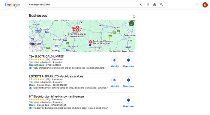 1PCS Blog - Local SEO vs National SEO - Leicester SMES - Local example